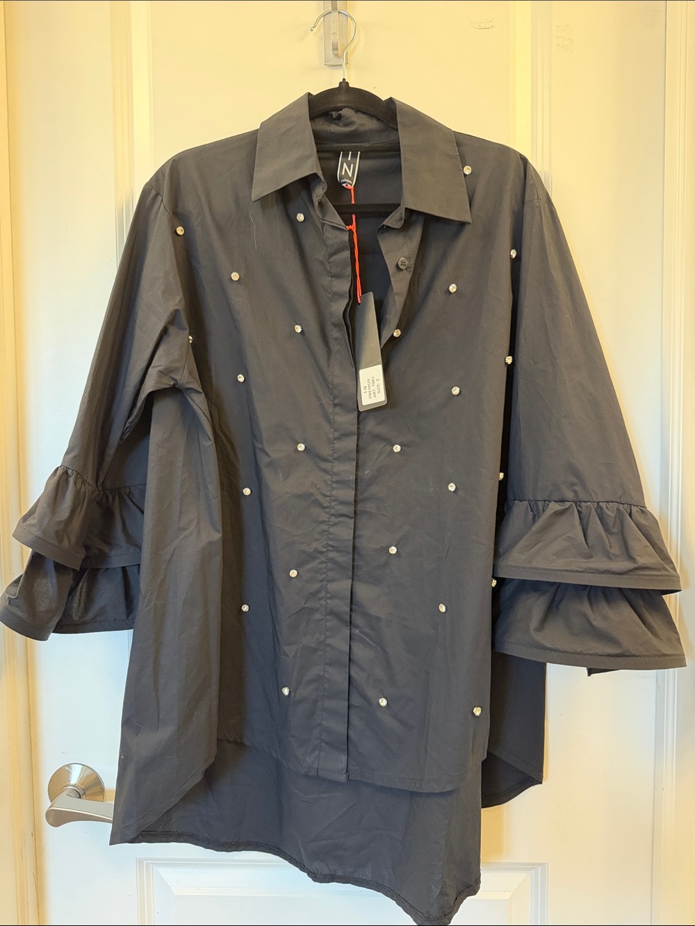 Black Crystal Embellished Ruffle Sleeve Shirt Shirt